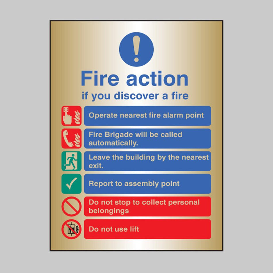 Fire Action Auto Dial With Lift Deluxe Range Brass Adhesive Backed 150 x 200mm Sign - Ready Set SuppliedFire Action Auto Dial With Lift Deluxe Range Brass Adhesive Backed 150 x 200mm Sign59529