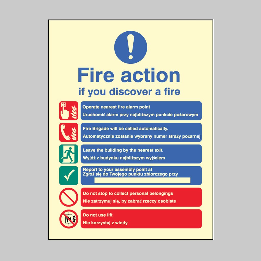 Fire Action Auto Dial With Lift (English & Polish) Sign - Ready Set SuppliedFire Action Auto Dial With Lift (English & Polish) SignUltra Bright (Class C) Photoluminescent Rigid31440E