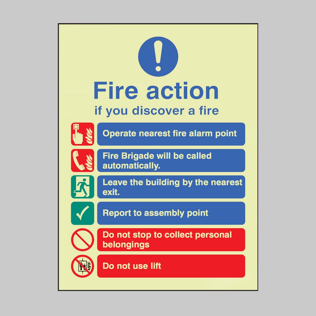 Fire Action Auto Dial With Lift Sign - Ready Set SuppliedFire Action Auto Dial With Lift SignUltra Bright (Class C) Photoluminescent Rigid31408E
