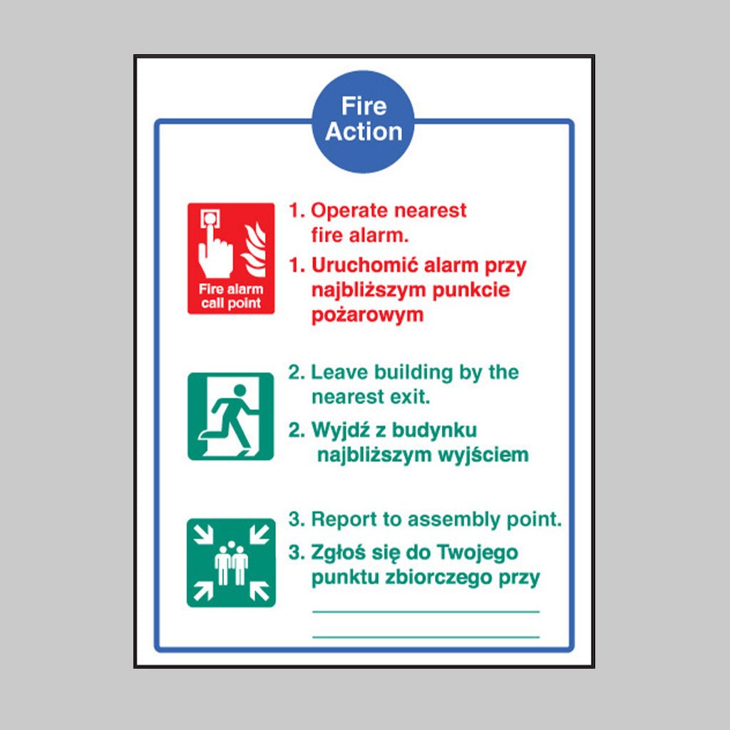 Fire Action Auto Dial Without Lift (English & Polish) Sign - Ready Set SuppliedFire Action Auto Dial Without Lift (English & Polish) SignRigid Plastic11441E