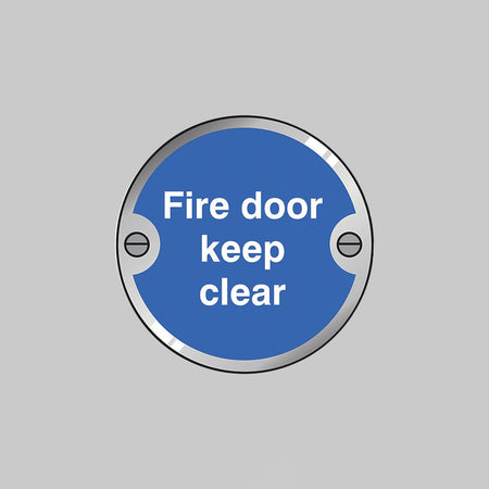 Fire Door Keep Clear 76mm Dia Stainless Steel Pre-Drilled With Fixings Sign - Ready Set SuppliedFire Door Keep Clear 76mm Dia Stainless Steel Pre-Drilled With Fixings Sign53749