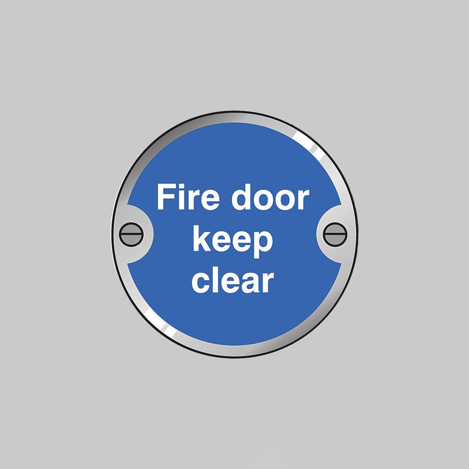 Fire Door Keep Clear 76mm Dia Stainless Steel Pre-Drilled With Fixings Sign - Ready Set SuppliedFire Door Keep Clear 76mm Dia Stainless Steel Pre-Drilled With Fixings Sign53749