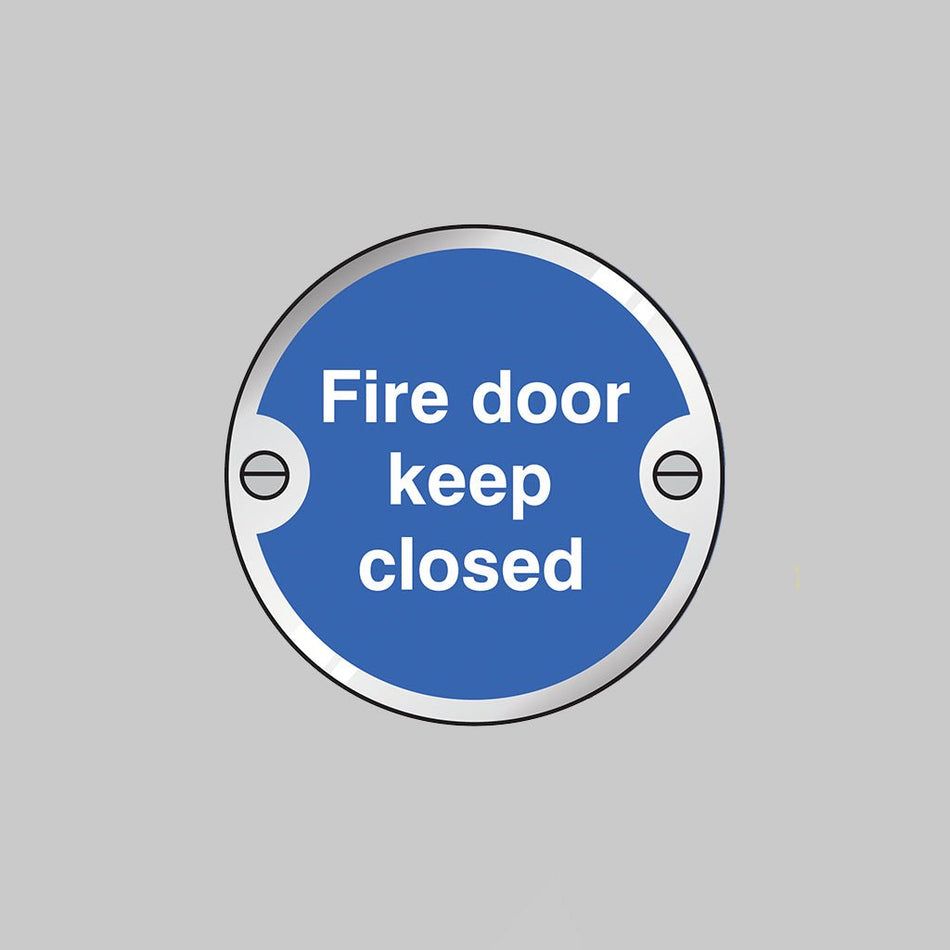 Fire Door Keep Closed 76mm Dia Aluminium Pre-Drilled With Fixings Sign - Ready Set SuppliedFire Door Keep Closed 76mm Dia Aluminium Pre-Drilled With Fixings Sign53744