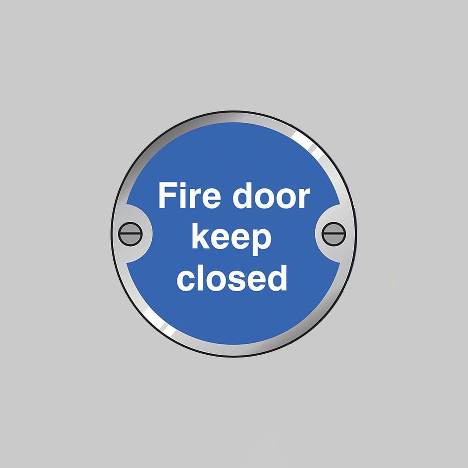 Fire Door Keep Closed 76mm Dia Stainless Steel Pre-Drilled With Fixings Sign - Ready Set SuppliedFire Door Keep Closed 76mm Dia Stainless Steel Pre-Drilled With Fixings Sign53745
