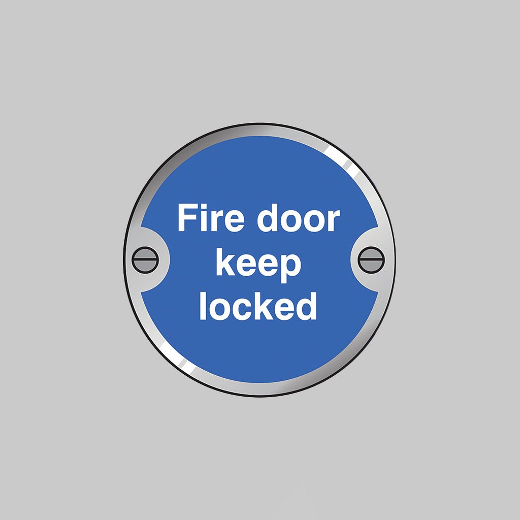 Fire Door Keep Locked 76mm Dia Stainless Steel Pre-Drilled With Fixings Sign - Ready Set SuppliedFire Door Keep Locked 76mm Dia Stainless Steel Pre-Drilled With Fixings Sign53747