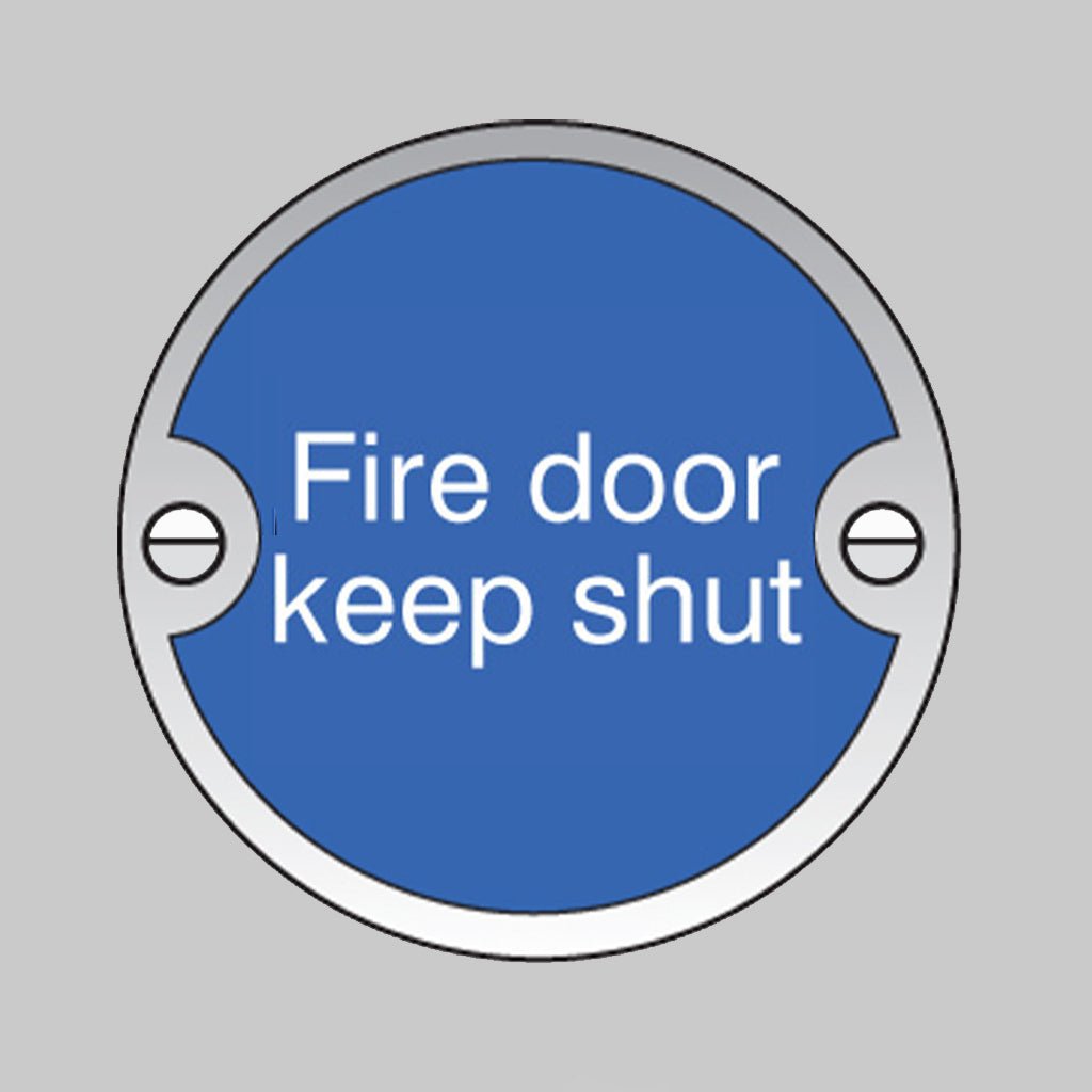 Fire Door Keep Shut 76mm Dia Aluminium Pre-Drilled With Fixings Sign - Ready Set SuppliedFire Door Keep Shut 76mm Dia Aluminium Pre-Drilled With Fixings Sign59128
