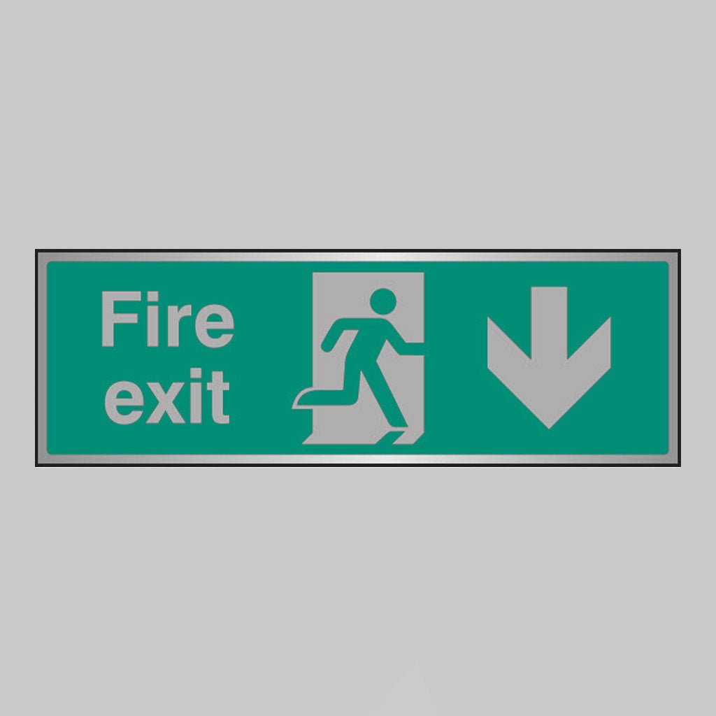 Fire Exit Arrow Down Anodised Aluminium 300 x 100mm Adhesive Backed Sign - Ready Set SuppliedFire Exit Arrow Down Anodised Aluminium 300 x 100mm Adhesive Backed Sign55924