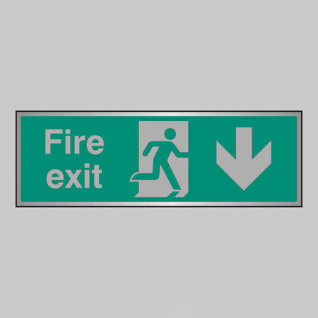 Fire Exit Arrow Down Anodised Aluminium 300 x 100mm Adhesive Backed Sign - Ready Set SuppliedFire Exit Arrow Down Anodised Aluminium 300 x 100mm Adhesive Backed Sign55924