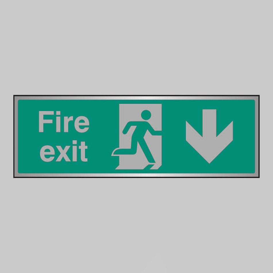 Fire Exit Arrow Down Anodised Aluminium 300 x 100mm Adhesive Backed Sign - Ready Set SuppliedFire Exit Arrow Down Anodised Aluminium 300 x 100mm Adhesive Backed Sign55924