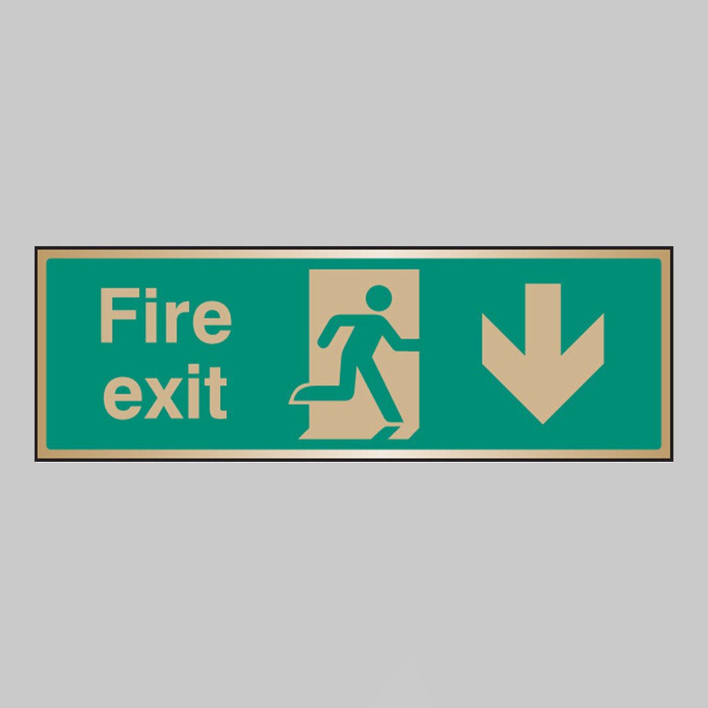Fire Exit Arrow Down Brass 300 x 100mm Adhesive Backed Sign - Ready Set SuppliedFire Exit Arrow Down Brass 300 x 100mm Adhesive Backed Sign59518