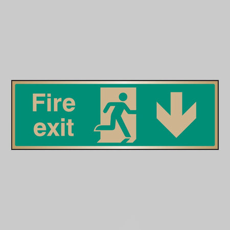 Fire Exit Arrow Down Brass 300 x 100mm Adhesive Backed Sign - Ready Set SuppliedFire Exit Arrow Down Brass 300 x 100mm Adhesive Backed Sign59518