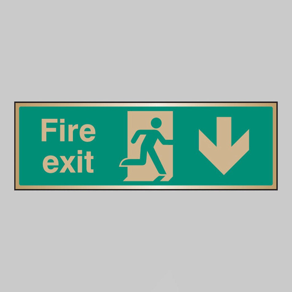 Fire Exit Arrow Down Brass 300 x 100mm Adhesive Backed Sign - Ready Set SuppliedFire Exit Arrow Down Brass 300 x 100mm Adhesive Backed Sign59518