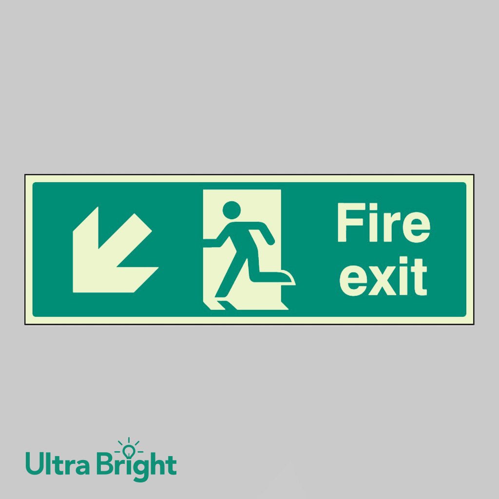 Fire Exit Arrow Down Left Sign - Ready Set SuppliedFire Exit Arrow Down Left SignUltra Bright (Class C) Photoluminescent Rigid32005G