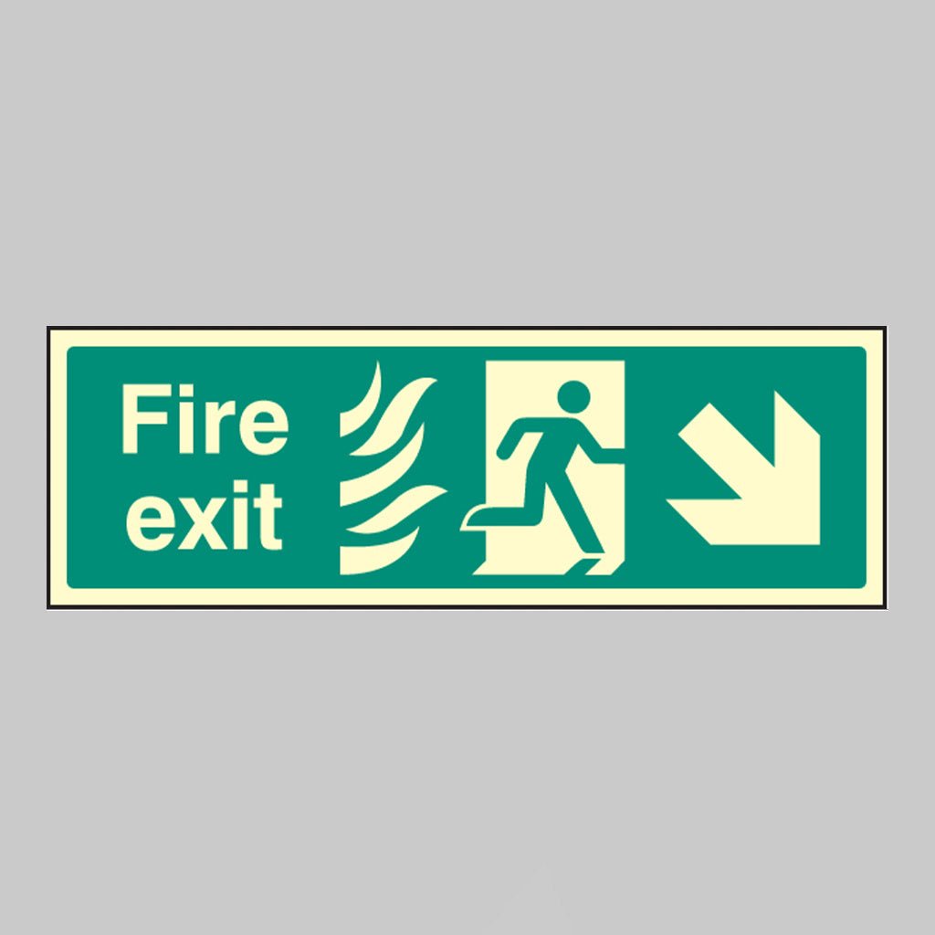 Fire Exit Arrow Down Right - Htm Sign - Ready Set SuppliedFire Exit Arrow Down Right - Htm SignUltra Bright (Class C) Photoluminescent Rigid32090G