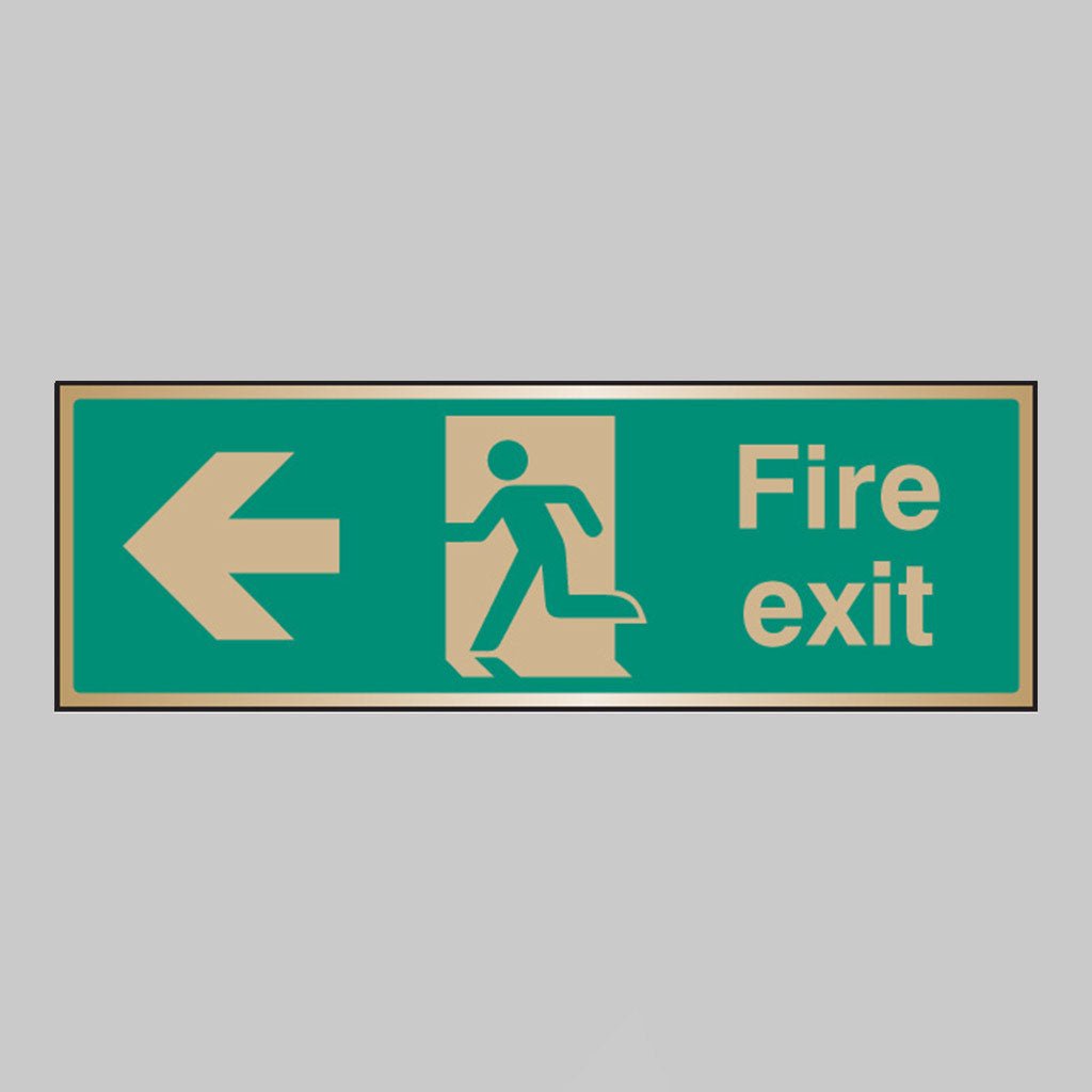Fire Exit Arrow Left Brass 300 x 100mm Adhesive Backed Sign - Ready Set SuppliedFire Exit Arrow Left Brass 300 x 100mm Adhesive Backed Sign59516