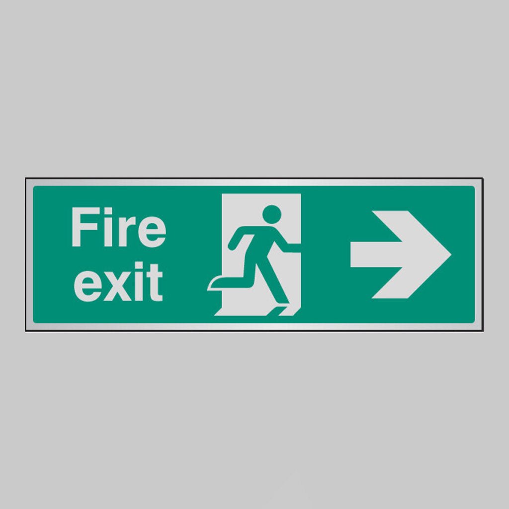 Fire Exit Arrow Right Anodised Aluminium 300 x 100mm Adhesive Backed Sign - Ready Set SuppliedFire Exit Arrow Right Anodised Aluminium 300 x 100mm Adhesive Backed Sign55923