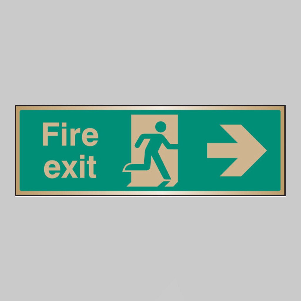 Fire Exit Arrow Right Brass 300 x 100mm Adhesive Backed Sign - Ready Set SuppliedFire Exit Arrow Right Brass 300 x 100mm Adhesive Backed Sign59517