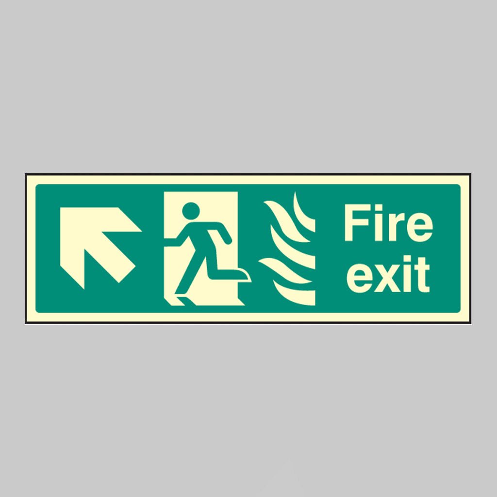 Fire Exit - Arrow Up Left Htm Sign - Ready Set SuppliedFire Exit - Arrow Up Left Htm SignUltra Bright (Class C) Photoluminescent Rigid32120G
