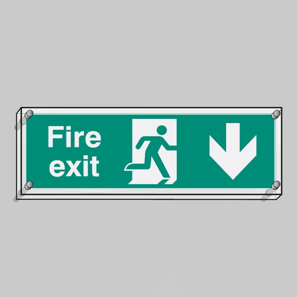 Fire Exit Down Visual Impact 5mm Acrylic Sign 450 x 150mm With Stand Off Locators - Ready Set SuppliedFire Exit Down Visual Impact 5mm Acrylic Sign 450 x 150mm With Stand Off Locators59470