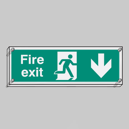 Fire Exit Down Visual Impact 5mm Acrylic Sign 450 x 150mm With Stand Off Locators - Ready Set SuppliedFire Exit Down Visual Impact 5mm Acrylic Sign 450 x 150mm With Stand Off Locators59470