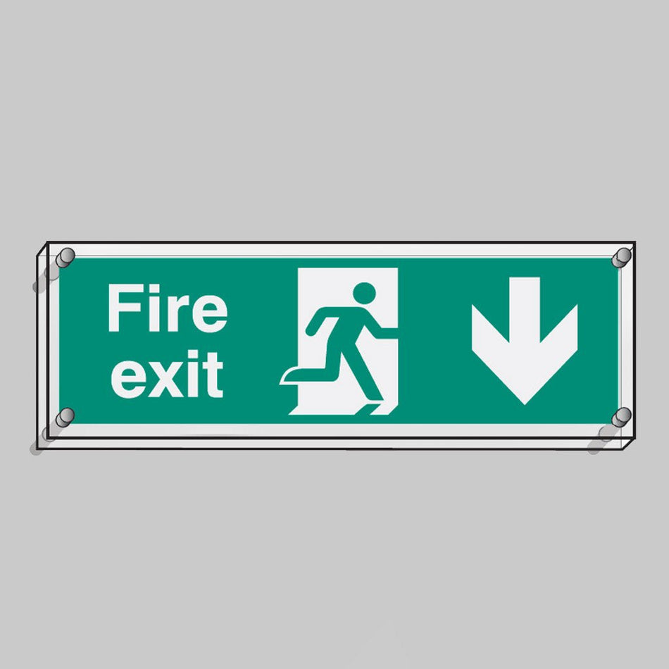 Fire Exit Down Visual Impact 5mm Acrylic Sign 450 x 150mm With Stand Off Locators - Ready Set SuppliedFire Exit Down Visual Impact 5mm Acrylic Sign 450 x 150mm With Stand Off Locators59470