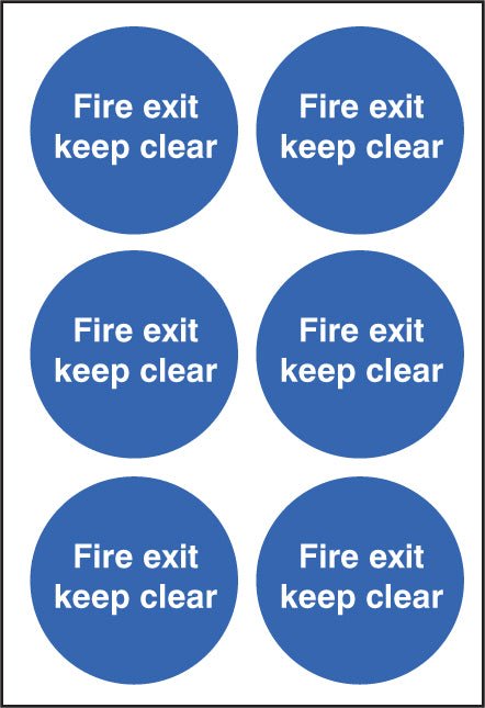 Fire Exit Keep Clear 65mm Dia - Sheet of 6 Peel N Stick Labels - Ready Set SuppliedFire Exit Keep Clear 65mm Dia - Sheet of 6 Peel N Stick Labels51679