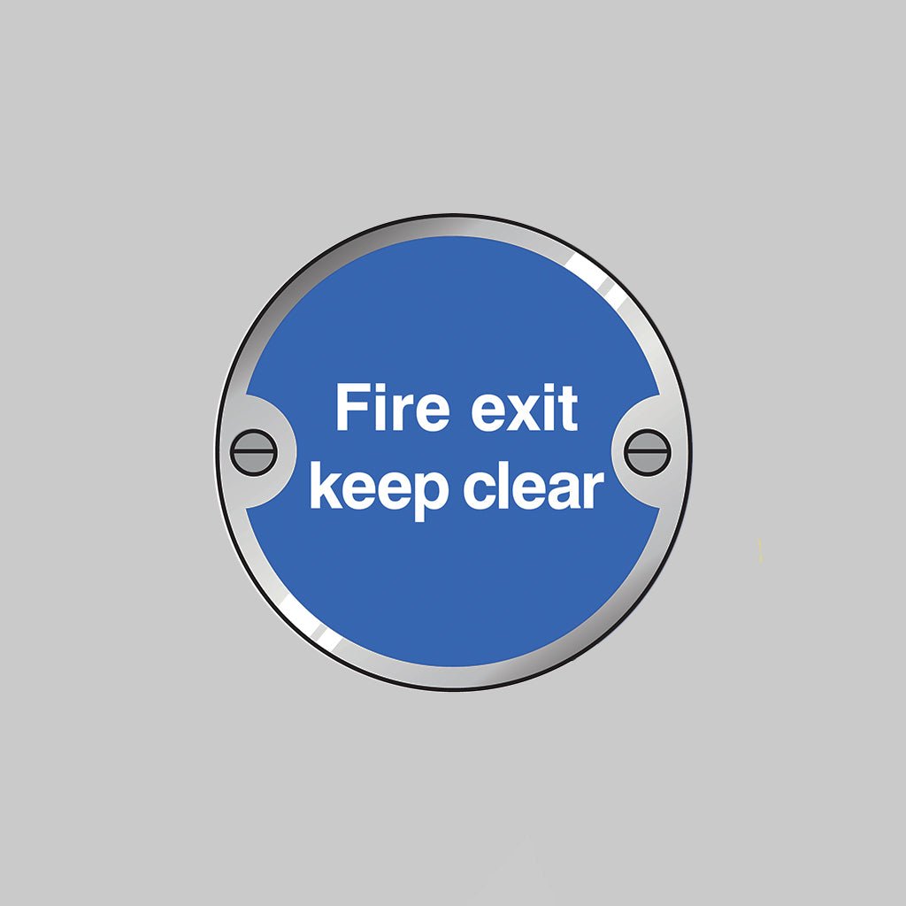 Fire Exit Keep Clear 76mm Dia Stainless Steel Pre-Drilled With Fixings Sign - Ready Set SuppliedFire Exit Keep Clear 76mm Dia Stainless Steel Pre-Drilled With Fixings Sign53741