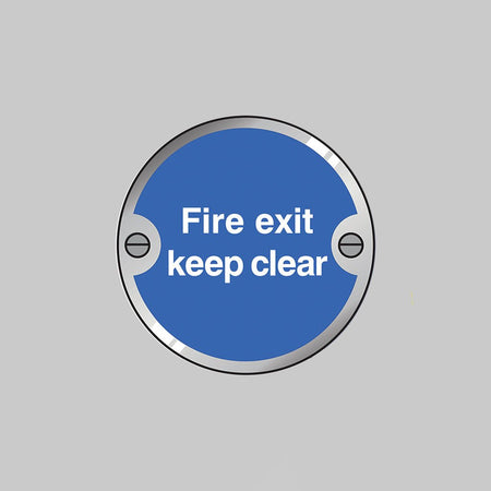 Fire Exit Keep Clear 76mm Dia Stainless Steel Pre-Drilled With Fixings Sign - Ready Set SuppliedFire Exit Keep Clear 76mm Dia Stainless Steel Pre-Drilled With Fixings Sign53741
