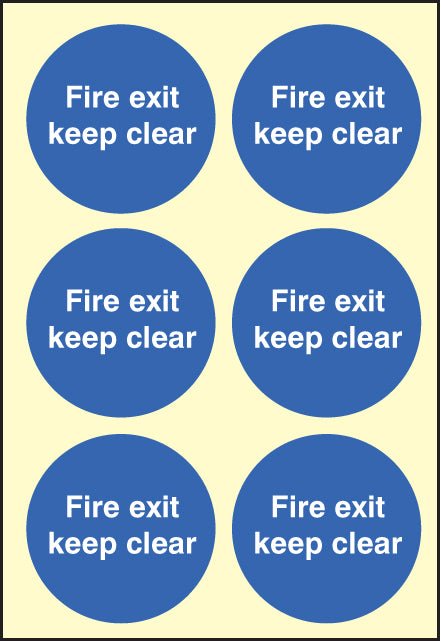 Fire Exit Keep Clear 80 x 80mm - Sheet of 6 Photoluminescent Self Adhesive Sign - Ready Set SuppliedFire Exit Keep Clear 80 x 80mm - Sheet of 6 Photoluminescent Self Adhesive Sign59691