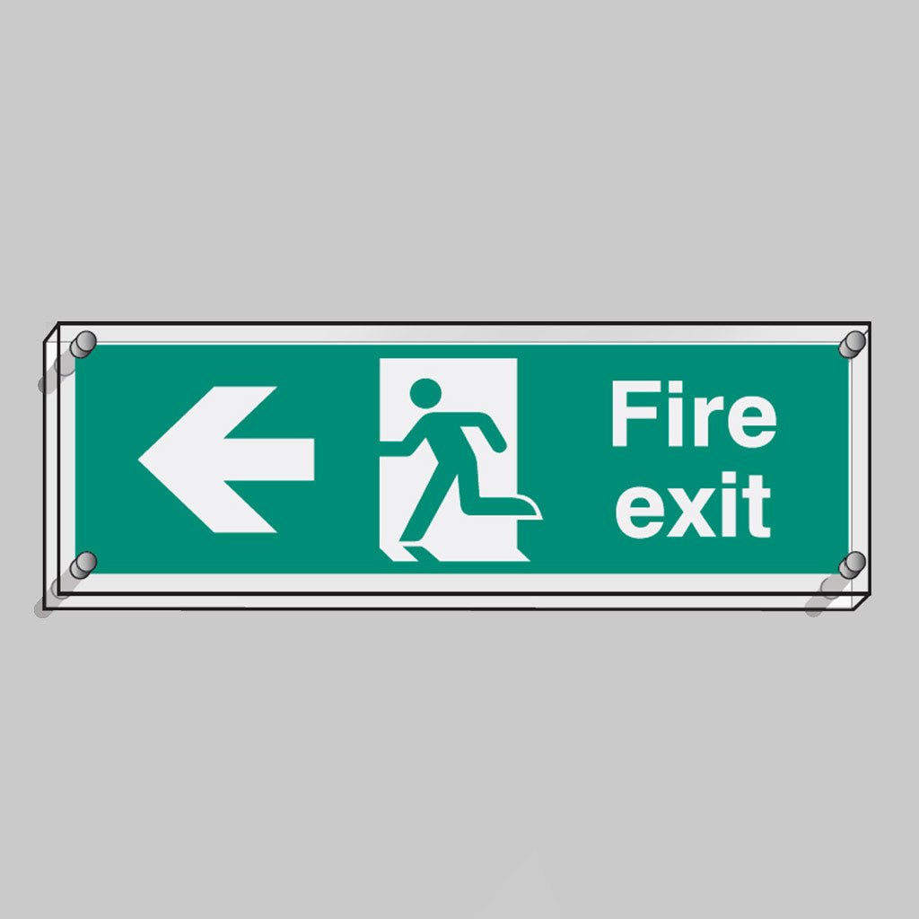 Fire Exit Left Visual Impact 5mm Acrylic Sign 450 x 150mm With Stand Off Locators - Ready Set SuppliedFire Exit Left Visual Impact 5mm Acrylic Sign 450 x 150mm With Stand Off Locators59467