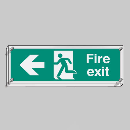 Fire Exit Left Visual Impact 5mm Acrylic Sign 450 x 150mm With Stand Off Locators - Ready Set SuppliedFire Exit Left Visual Impact 5mm Acrylic Sign 450 x 150mm With Stand Off Locators59467