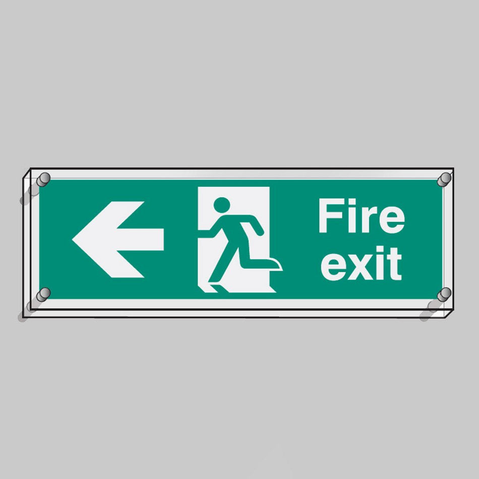 Fire Exit Left Visual Impact 5mm Acrylic Sign 450 x 150mm With Stand Off Locators - Ready Set SuppliedFire Exit Left Visual Impact 5mm Acrylic Sign 450 x 150mm With Stand Off Locators59467