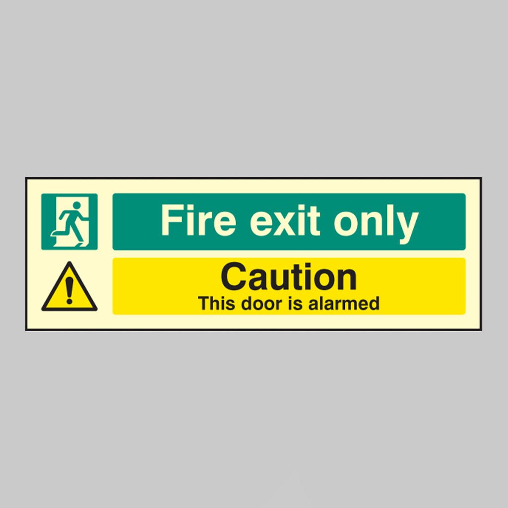 Fire Exit Only Caution This Door Is Alarmed Sign - Ready Set SuppliedFire Exit Only Caution This Door Is Alarmed SignUltra Bright (Class C) Photoluminescent Rigid32061G