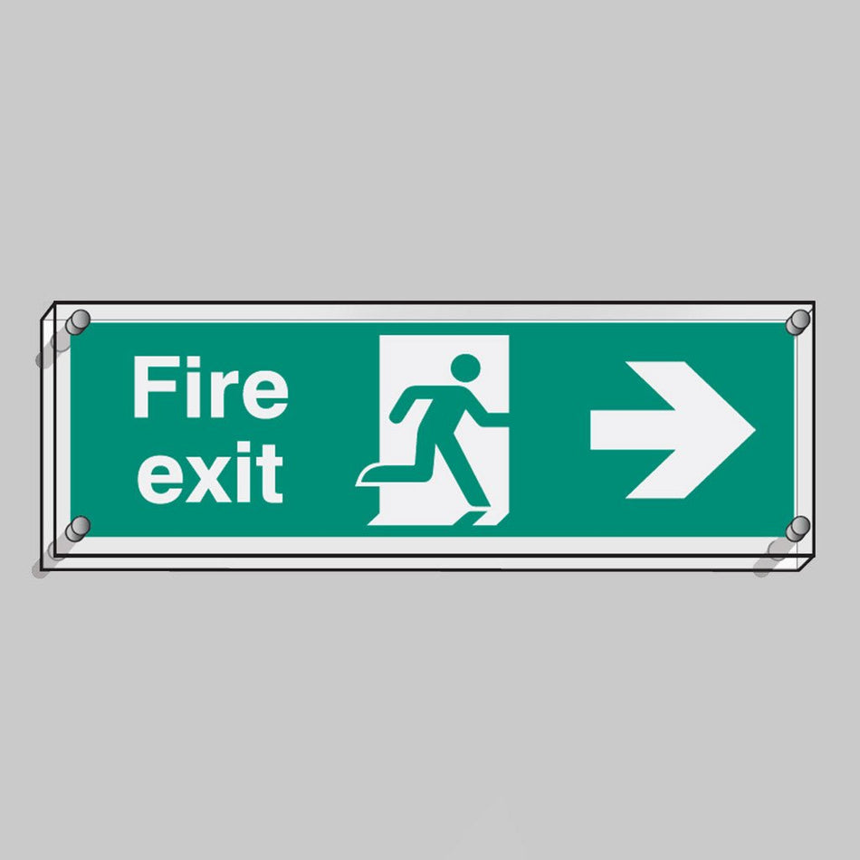 Fire Exit Right Visual Impact 5mm Acrylic Sign 450 x 150mm With Stand Off Locators - Ready Set SuppliedFire Exit Right Visual Impact 5mm Acrylic Sign 450 x 150mm With Stand Off Locators59468