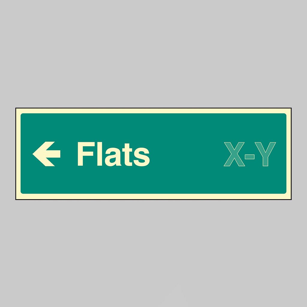 Flats X-Y Arrow Left (Specify The Number Range: Eg 1-20) 450 x 150mm Photoluminescent Rigid Sign - Ready Set SuppliedFlats X-Y Arrow Left (Specify The Number Range: Eg 1-20) 450 x 150mm Photoluminescent Rigid Sign52187