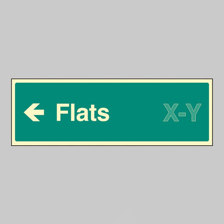 Flats X-Y Arrow Left (Specify The Number Range: Eg 1-20) 450 x 150mm Photoluminescent Rigid Sign - Ready Set SuppliedFlats X-Y Arrow Left (Specify The Number Range: Eg 1-20) 450 x 150mm Photoluminescent Rigid Sign52187
