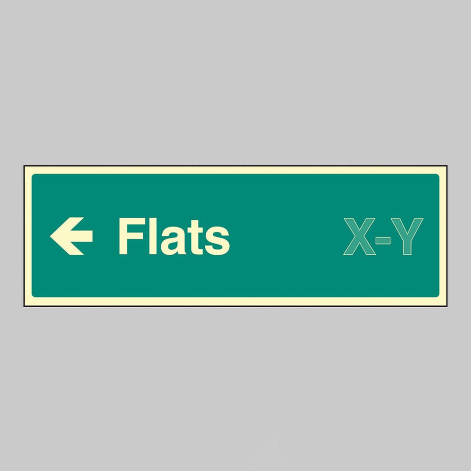 Flats X-Y Arrow Left (Specify The Number Range: Eg 1-20) 450 x 150mm Photoluminescent Rigid Sign - Ready Set SuppliedFlats X-Y Arrow Left (Specify The Number Range: Eg 1-20) 450 x 150mm Photoluminescent Rigid Sign52187
