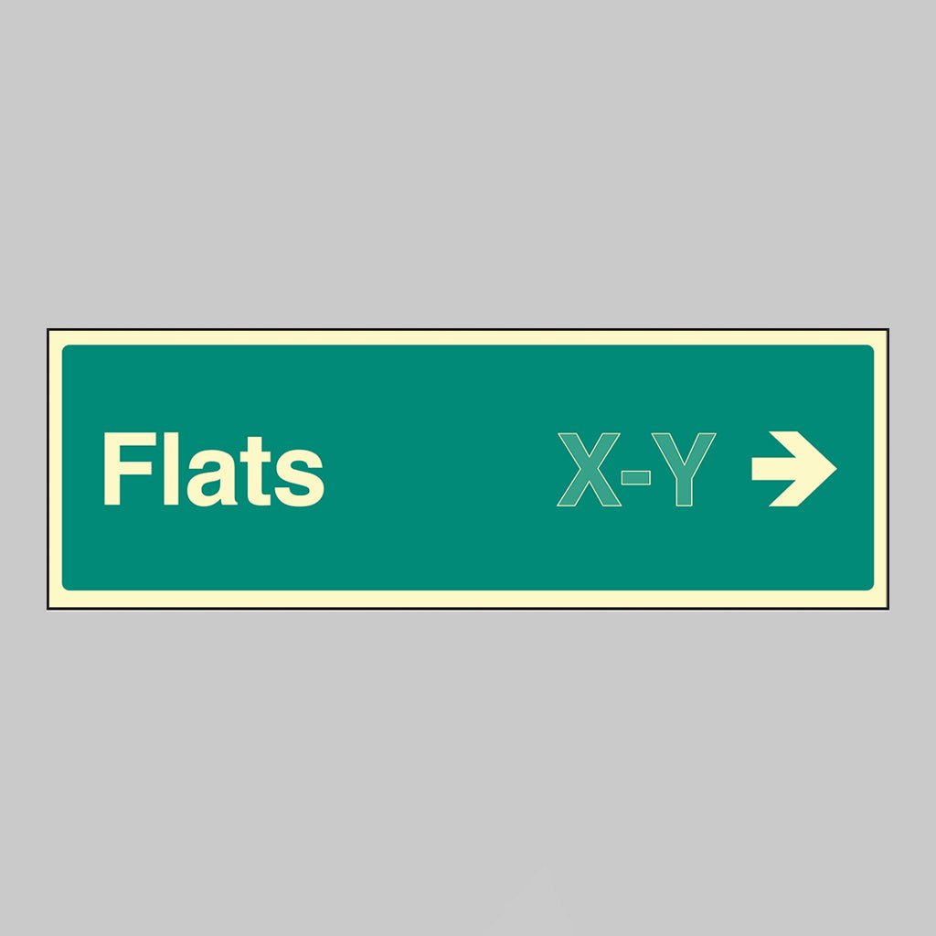 Flats X-Y Arrow Right (Specify The Number Range: Eg 1-20) 450 x 150mm Photoluminescent Rigid Sign - Ready Set SuppliedFlats X-Y Arrow Right (Specify The Number Range: Eg 1-20) 450 x 150mm Photoluminescent Rigid Sign52189