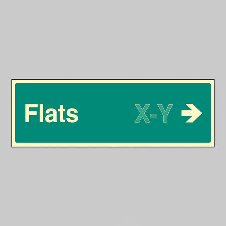 Flats X-Y Arrow Right (Specify The Number Range: Eg 1-20) 450 x 150mm Photoluminescent Rigid Sign - Ready Set SuppliedFlats X-Y Arrow Right (Specify The Number Range: Eg 1-20) 450 x 150mm Photoluminescent Rigid Sign52189