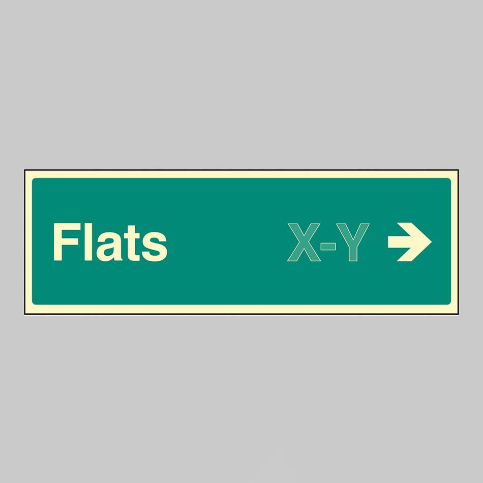 Flats X-Y Arrow Right (Specify The Number Range: Eg 1-20) 450 x 150mm Photoluminescent Rigid Sign - Ready Set SuppliedFlats X-Y Arrow Right (Specify The Number Range: Eg 1-20) 450 x 150mm Photoluminescent Rigid Sign52189