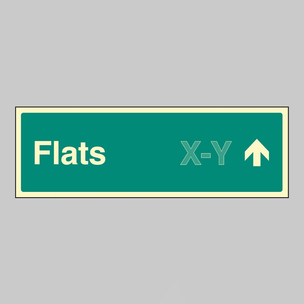 Flats X-Y Arrow Up (Specify The Number Range: Eg 1-20) 450 x 150mm Photoluminescent Rigid Sign - Ready Set SuppliedFlats X-Y Arrow Up (Specify The Number Range: Eg 1-20) 450 x 150mm Photoluminescent Rigid Sign52185