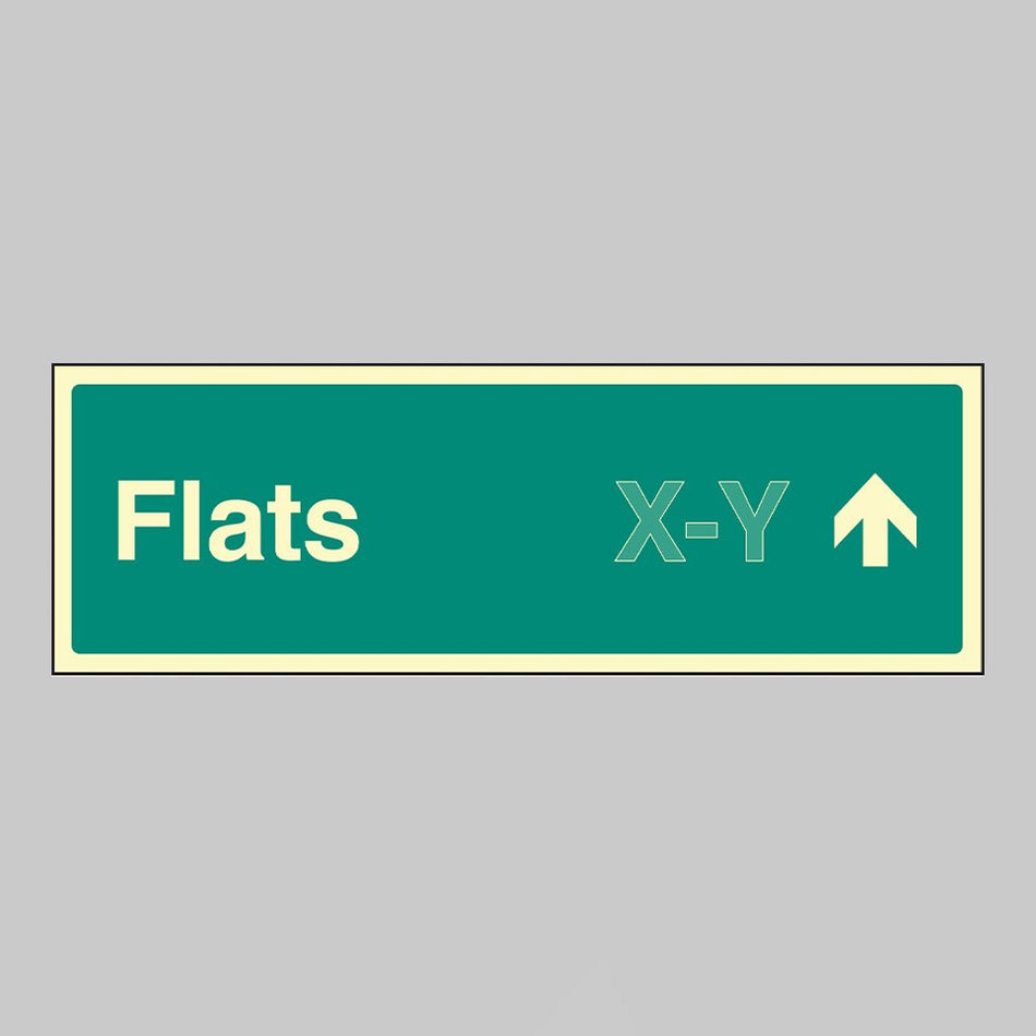 Flats X-Y Arrow Up (Specify The Number Range: Eg 1-20) 450 x 150mm Photoluminescent Rigid Sign - Ready Set SuppliedFlats X-Y Arrow Up (Specify The Number Range: Eg 1-20) 450 x 150mm Photoluminescent Rigid Sign52185