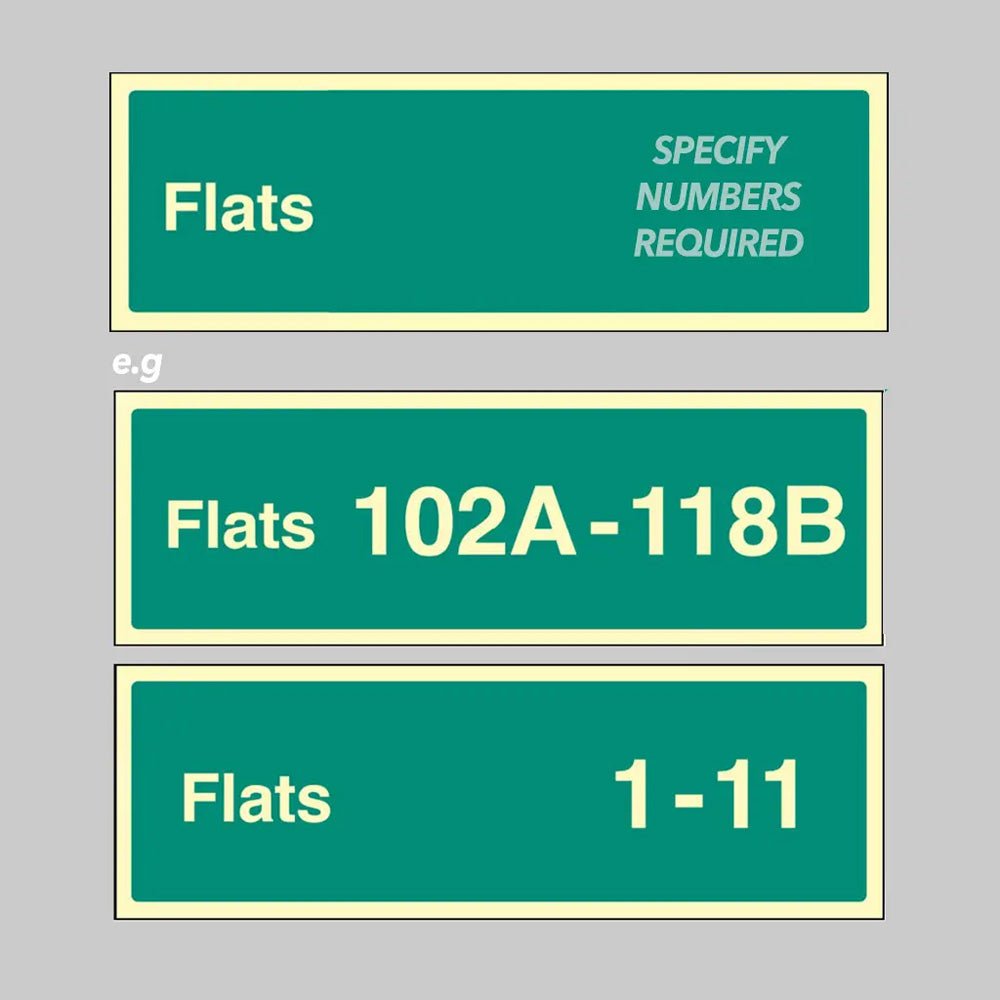 Flats X-Y (Specify The Number Range: Eg 1-20) 450 x 150mm Photoluminescent Rigid Sign - Ready Set SuppliedFlats X-Y (Specify The Number Range: Eg 1-20) 450 x 150mm Photoluminescent Rigid Sign52181