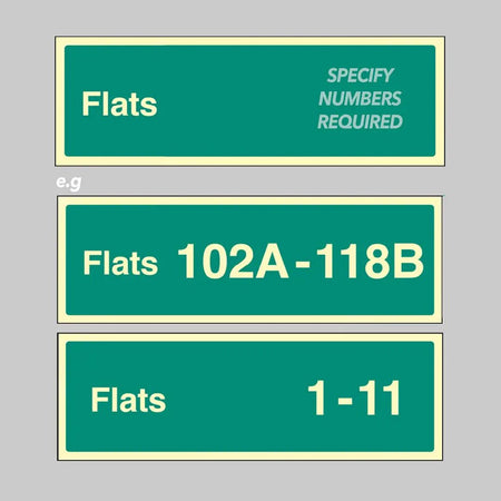 Flats X-Y (Specify The Number Range: Eg 1-20) 450 x 150mm Photoluminescent Rigid Sign - Ready Set SuppliedFlats X-Y (Specify The Number Range: Eg 1-20) 450 x 150mm Photoluminescent Rigid Sign52181