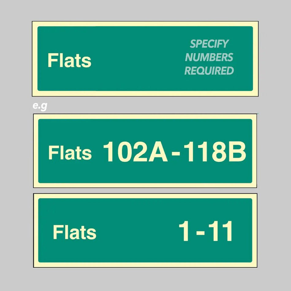Flats X-Y (Specify The Number Range: Eg 1-20) 450 x 150mm Photoluminescent Rigid Sign - Ready Set SuppliedFlats X-Y (Specify The Number Range: Eg 1-20) 450 x 150mm Photoluminescent Rigid Sign52181