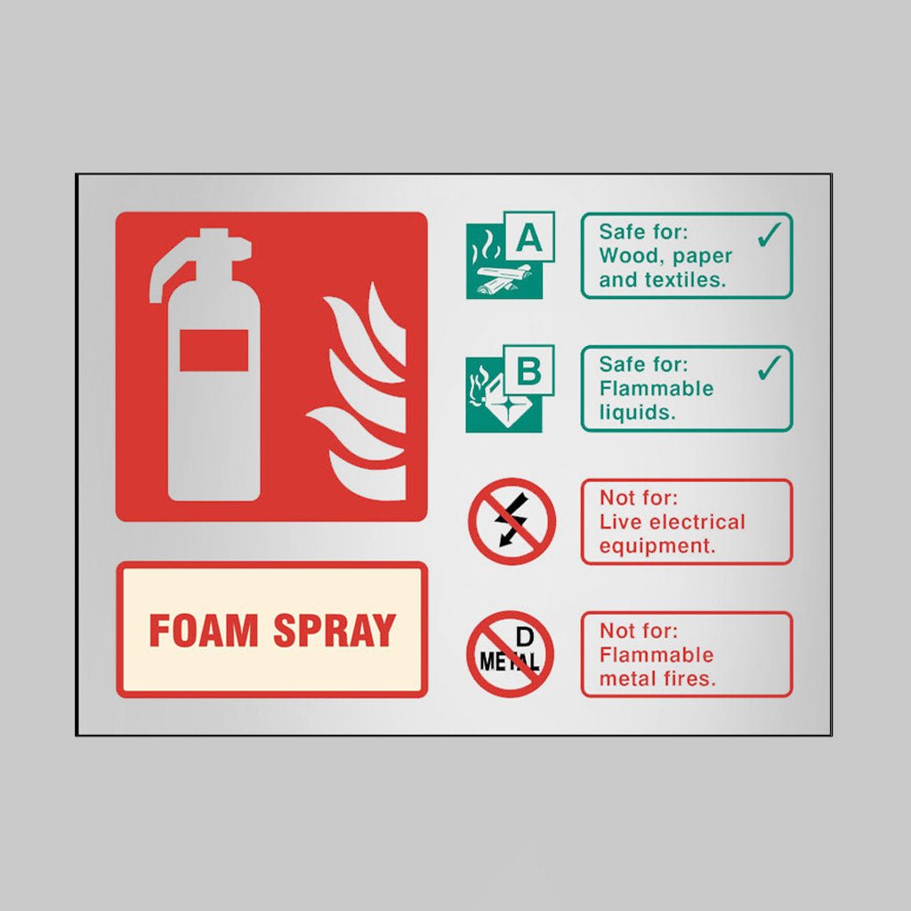 Foam Spray Extinguisher Identification Aluminium 150x200mm Adhesive Backed Sign - Ready Set SuppliedFoam Spray Extinguisher Identification Aluminium 150x200mm Adhesive Backed Sign59489