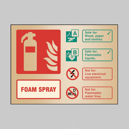 Foam Spray Extinguisher Identification Brass 150x200mm Adhesive Backed Sign - Ready Set SuppliedFoam Spray Extinguisher Identification Brass 150x200mm Adhesive Backed Sign59488