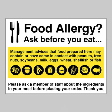 Food Allergy Notice Sign - Ready Set SuppliedFood Allergy Notice SignRigid Plastic15632K