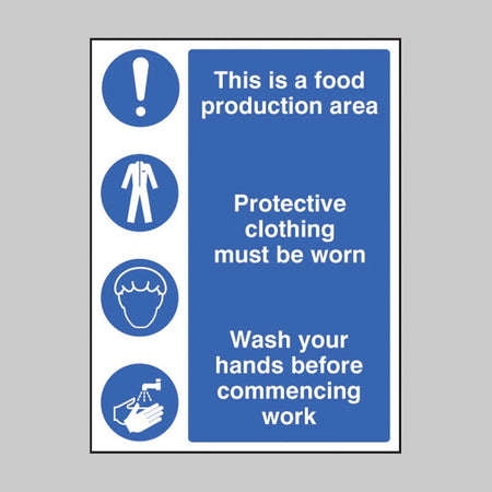 Food Production Area/Protective Clothing/Wash Hands Sign - Ready Set SuppliedFood Production Area/Protective Clothing/Wash Hands SignRigid Plastic15604E