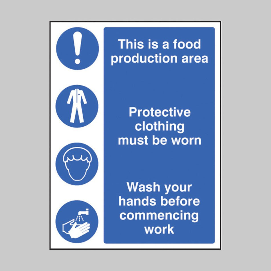 Food Production Area/Protective Clothing/Wash Hands Sign - Ready Set SuppliedFood Production Area/Protective Clothing/Wash Hands SignRigid Plastic15604E